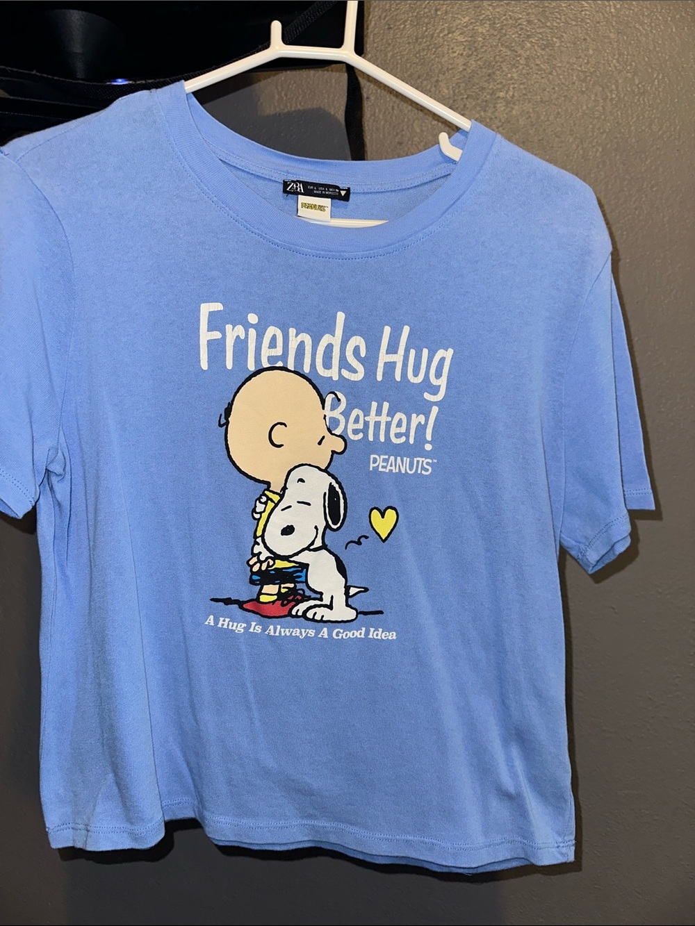 Zara Light Blue Peanuts 'Friends Hug Better' Graphic Tee